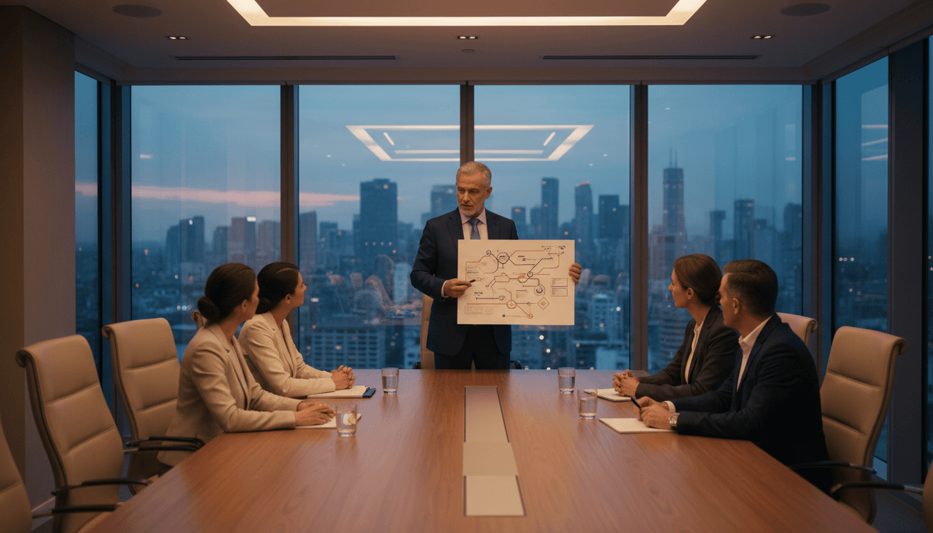 Senior strategy consultant presenting a roadmap to executives in a Dubai boardroom with a city skyline view