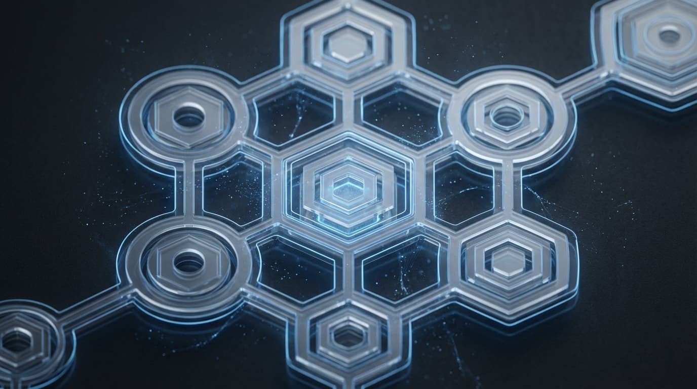Simple geometric technology industry mark: interlocking nodes in a circuit diamond, matte charcoal on cream, flat vector logo, no company name