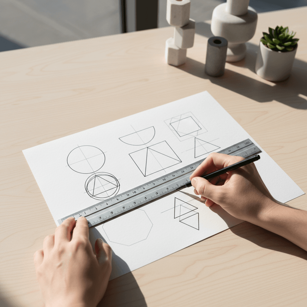Simple geometric manufacturing industry mark: stacked rectangles forming an abstract production line, matte charcoal on cream, flat vector logo, no company name